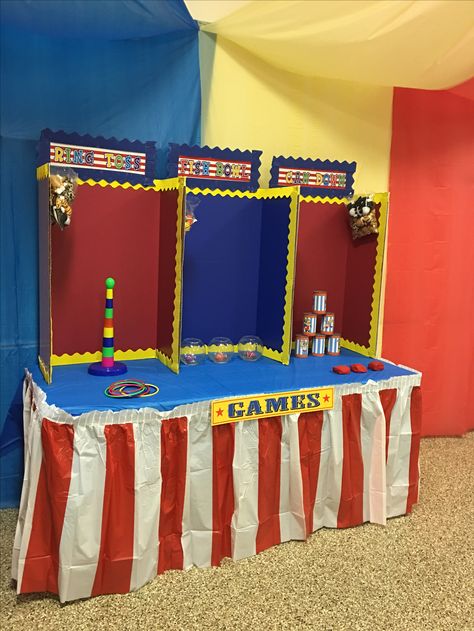 Carnival birthday games Circus Theme Birthday Party Games, Carnival Set Up Ideas, Carnival Board Ideas, Carnival At School, Table Carnival Games, Carnival Theme Post Prom, Diy Carnival Booth Cardboard, Winter Carnival Birthday Party, Carnival Birthday Party For Adults