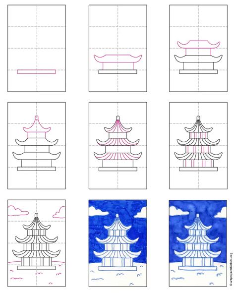 How To Draw Pagoda, Pagoda Drawing, Pagoda Painting, Asian Art Projects, China Drawing, Japan For Kids, Art Projects For Kids, Drawing And Painting, Drawing Tutorial Easy