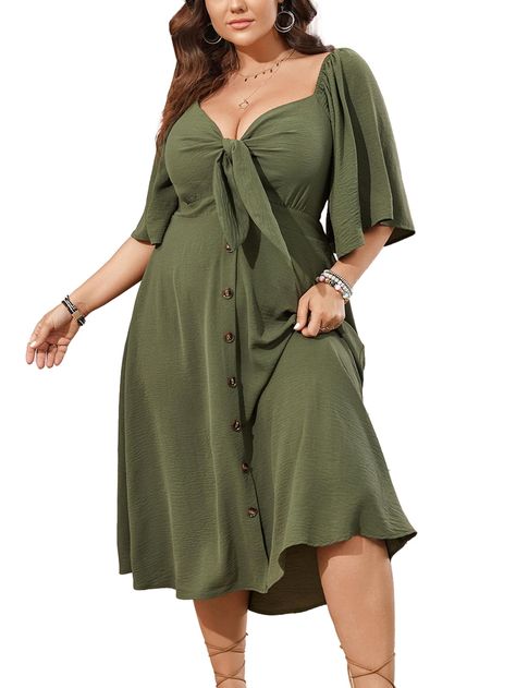 PRICES MAY VARY. Material: This Plus size dress is made in lightweight and skin-touch, soft and flowy texture fabric. It's a great choice to be one of your summer dress collection Design: Plus size dresses for curvy women is in tie front deep v neck design, it's good to shape your figure and show a deep v-neckline, the ruffle 3/4 sleeve is perfect to embellish your arm, back smocked is comfortable to fit your curves, and the button decorates this flowy dress in more fashion Feature: Plus size dr Plus Size Women Beach Outfits, Dress Ideas For Busty Women, Summer Casual Wedding Guest, Summer Dress Outfits Plus Size, Plus Size Apple Shape Outfits Summer, Summer Dresses For Plus Size Women, Summer Outfits Casual Plus Size, Fat Arms Outfit, Summer Curvy Outfits