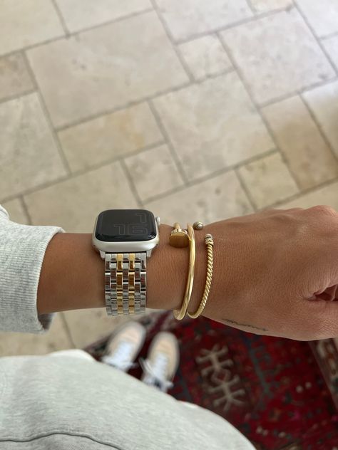 Gold Bracelets With Apple Watch, How To Wear Apple Watch With Bracelets, Apple Watch With Gold Bracelets, Gold Bracelet With Apple Watch, Women’s Watch Styling, Apple Watch Bracelet Stack Gold, 45mm Apple Watch Band, I Watch Aesthetics, Apple Watch Bracelets Stack