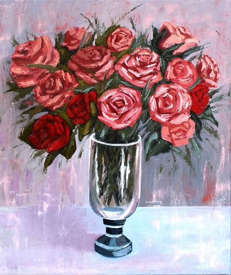 Title: "Roses in a vase " Materials: stretched canvas, oil paints, artist brushes, palette knife Size: 23.6"x19.7"x0.8" (60cm x 50cm x 2cm) Artist: Tetiana Teresh Country: Czech Republic Creation date: 2021 Flower In A Vase, Roses In A Vase, Bouquet Painting, Roses Painting, Vase Painting, Rose Vase, Interior Painting, Flower Artwork, Impasto Painting