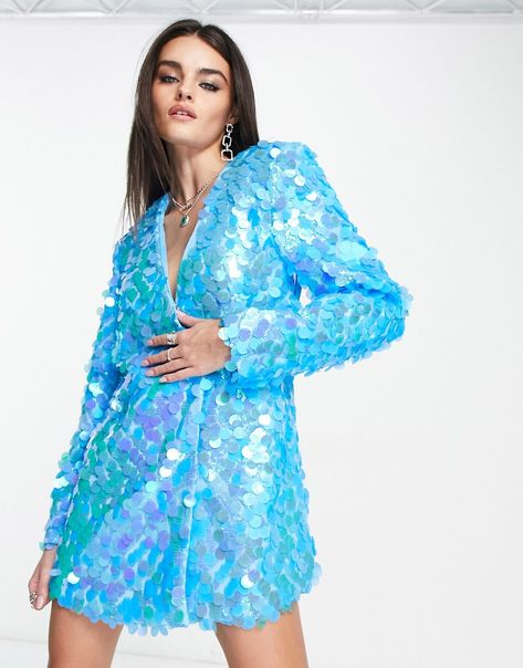 Blue Disco Outfit, Modest Wedding Dresses Ball Gown, Embellished Blazer, Formal Fashion Women, Blue Disc, Outfits Fiesta, Long Sleeve Sequin Dress, Sequin Blazer, Long Sleeve Sequin