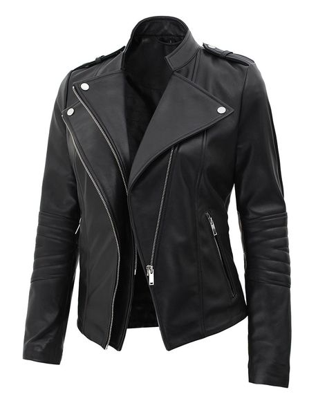 Elevate your casual style with the unconventionally chic fitted leather jacket featuring high-quality real leather construction, contrasting silver-tone hardware, asymmetrical zip closure, shoulder epaulets, and quilted decorations on the sleeves. The jacket also attributes two side zipper pockets and one inside pocket to carry your essentials. Material: 100% Real Lambskin Leather Internal: Viscose Lining Front: Asymmetrical Zip Closure, Upright Collar Details: Shoulder Epaulette, Metal Studs Po Lady Leather Jacket, Jacket Leather Woman, Black Leather Jackets For Women, Leather Jackets For Ladies, Women’s Black Leather Jacket, Black Jacket For Women, Women’s Leather Jacket, Outfits With Black Jacket, Cool Leather Jackets