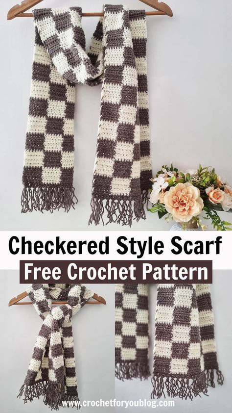 Crochet Checked Pattern, Checkered Scarf Crochet, Manly Crochet, Scrubby Yarn Crochet, Crochet Checkered, Scarf Free Pattern, Infinity Scarf Crochet, Crochet Scarf For Beginners, Crochet Cowls