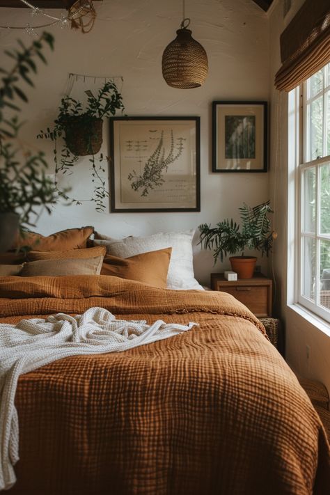 70+ Cozy Earthy Bedroom Ideas With Natural Elegance Modern Mexican Bedding, Fall Color Bedding, Nature Master Bed, Earthy Bedspread, Mustard And Green Bedding, Terra Cotta Comforter Bedroom, 70s Earthy Aesthetic Home, First Bedroom Together Couple, Brick Red Bedding