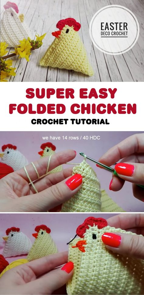 Crochet Simple Folded Chicken for Easter - Design Peak Amigurumi Patterns, Easy Crochet Chicken, Chicken Applique, Easter Crochet Patterns Free, Beginner Friendly Crochet, Crochet Easter Basket, Crochet Bird Patterns, Chicken Pattern, Chicken Crafts