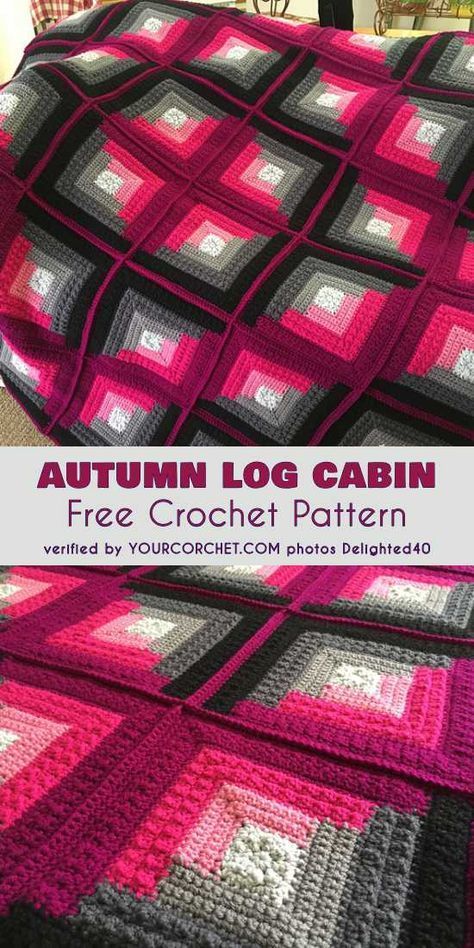 Autumn Log Cabin Throw: FREE #Crochet Pattern. This is a beautiful pattern which gives lots of possibilities for personalization. Use hues that match your interior to get the most magnificent effect. Below, I would like to show you my favourite realizations of this pattern. Autumn Cabin, Motifs Afghans, Cabin Blanket, Knit Afghan, Knit Patchwork, Granny Square Haken, Confection Au Crochet, Crochet For Beginners Blanket, Patchwork Blanket