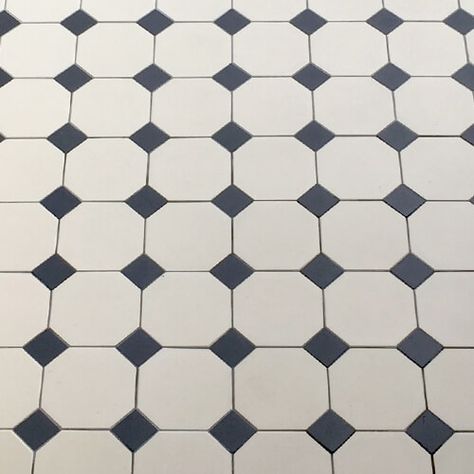 A classic of period floor tile design combining an octagon and dot. Octagons are available in 100mm and 150mm sizes. Black And White Tile Floor Bathroom, Octagon Tile Floor, Cleaning Marble, Victorian Tile, Victorian Floor Tiles, Victorian Floor, Victorian Pattern, Ceramic Floor Tile, Printed Tile