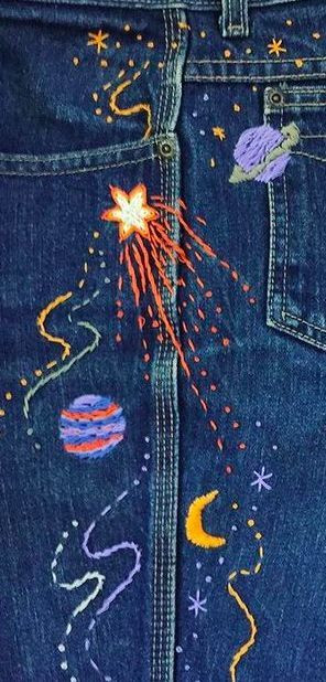 jeans embroidery by christijay Embroider On Jeans Diy, Embroidered Jeans Stars, Jean Patches Ideas Embroidery, Embroidered Words On Jeans, Embroidery For Pants, Space Embroidery Jeans, Random Embroidery Ideas, Back Pocket Embroidery Jeans, Cross Stitch On Jeans