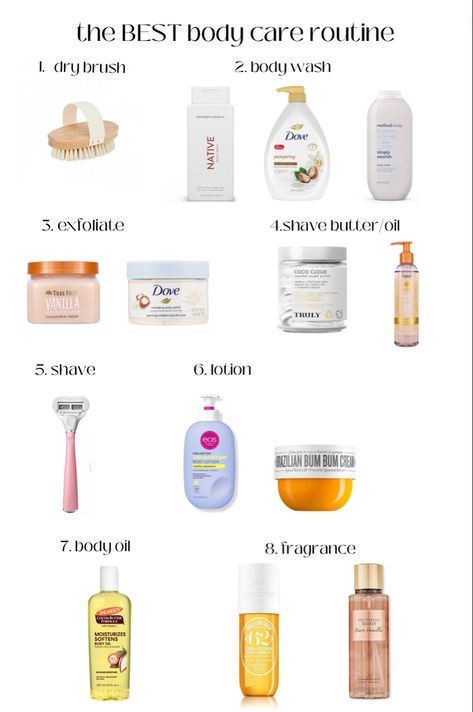 Best Everything Shower Routine, Shower Hygiene Routine, Body Products To Smell Good, Smell Good Shower Products, Self Care Body Wash, In Shower Routine, Vanilla Exfoliating Scrub, Order Of Shower Routine, Shower Body Routine