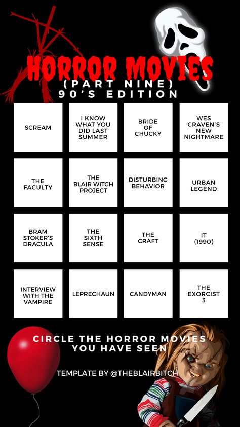 Horror Movie Bingo (Part Nine 90’s Edition) Instagram Story Template Horror Movie Bingo, Movie Instagram Story, Movie Bingo, Scary Movie List, 90s Horror Movies, Scary Movie Night, Halloween Movies List, Top Horror Movies, Horror Movie Night