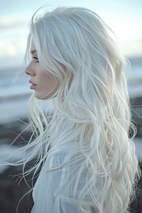 Wavy Hairstyle Ideas, Long Platinum Blonde, Long White Hair, Icy Blonde Hair, Wavy Hairstyle, Romantic Curls, White Blonde Hair, Icy Blonde, Platinum Hair