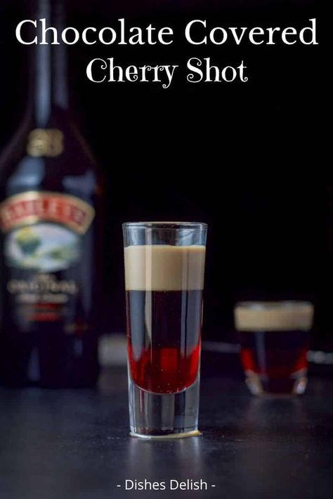 This chocolate-covered cherry shot tastes like the the famous candy! It is one of the tastiest layered shots out there! #cherry #chocolatecoveredcherry #layeredshot #dishesdelish Cherry Cheesecake Shots Alcohol, Girly Shots Alcohol, Chocolate Liquor Cocktails, Layered Shots Alcohol, Best Tasting Shots, Layered Shots Recipes, Chocolate Shots Alcohol, Cherry Drinks Alcoholic, Party Shots Ideas