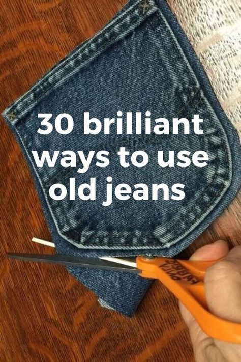 30 ways to repurpose your old jeans. Easy quick crafts repurposed old jeans. #reusejeans #repurposejeans #oldjeanscrafts Old Jeans Diy, Reuse Jeans, Reuse Old Jeans, Upcycled Denim Diy, Diy Jeans Crafts, Artisanats Denim, Diy Old Jeans, Denim Scraps, Denim Crafts Diy