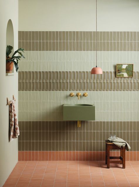 Block Colour Bathroom, Otto Tiles Bathroom, Green And Terracotta Kitchen, Rectangular Tiles Bathroom, Brown Green Bathroom, Terracota And Green, Avocado Green Bathroom, Terracotta Tile Bathroom, Brown Bathroom Floor