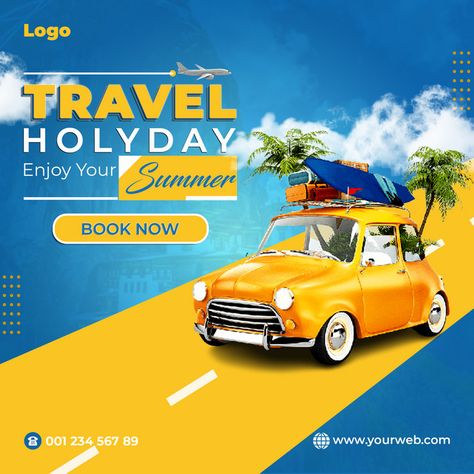 Travel Holyday Summar Social Media Post Design#pikbest#templates Traveling Social Media Post, Holiday Social Media Design, Summer Social Media, Travel Social Media Post, Banner Travel, Travel Advertising Design, Travel Banner, Photoshop Lessons, Car Banner