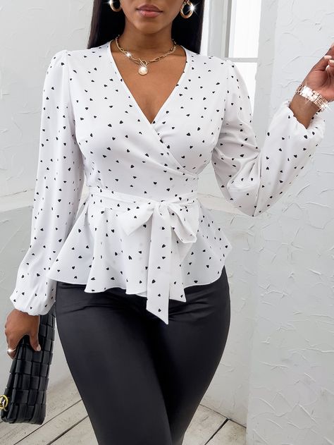 White Casual  Long Sleeve Polyester Heart All Over Print Peplum  Non-Stretch Spring/Fall Women Tops, Blouses & Tee Work Attire, Ladies Tops Fashion Blouses, Look Legging, Belt Blouse, Casual Tie, Plus Size Kleidung, Peplum Blouse, Blouse Styles, Plus Clothing