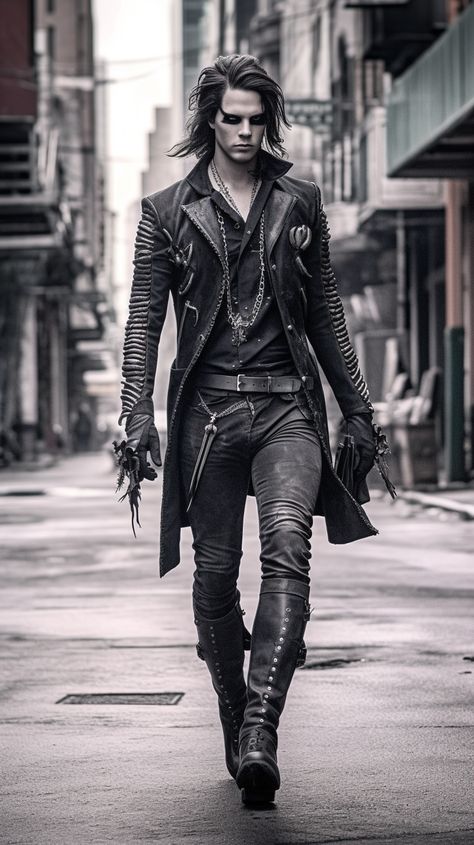 Goth man created with AI by Amanda Church Men's Gothic Clothing, Witch Costumes For Men, Cyberpunk Goth Outfit, Men Gothic Outfit, Witch Fashion Men, Romantic Goth Fashion Men, Cybergoth Fashion Men, Heavy Metal Fashion Mens, Plus Size Goth Men