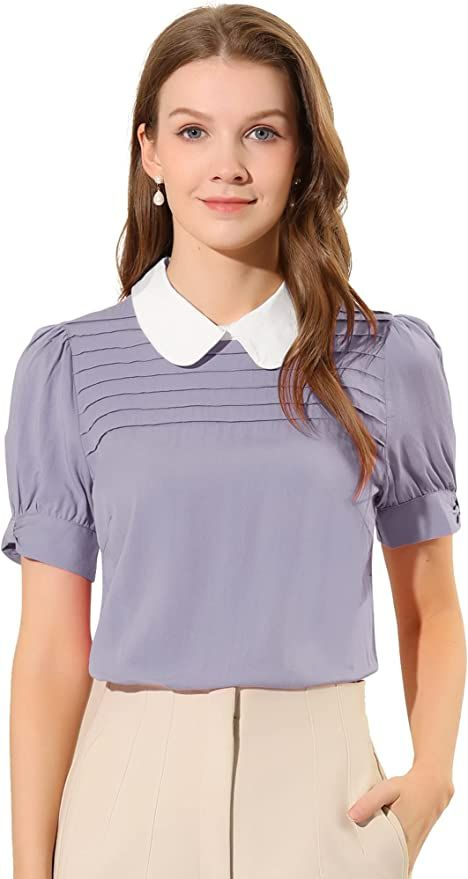 Allegra K Peter Pan Collar Top for Women's Casual Contrast Puff Short Sleeve Blouse Medium Navy Blue at Amazon Women’s Clothing store Latest Ladies Tops, Puff Short Sleeve Blouse, Vintage Peter Pan, Peter Pan Collar Top, Women Bow Tie, Tops For Women Casual, Peter Pan Collar Blouse, Blouse Purple, Ladies Top Design
