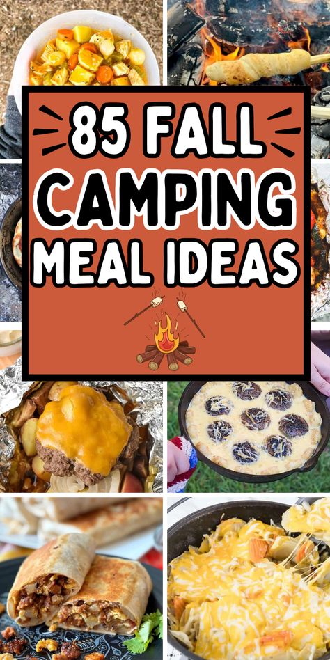 Fall camping meals and food ideas to help with your autumn camping meal planning, such as easy campfire dinners, breakfast, and snacks. Easy Camping Casseroles, Dinner Ideas For Camping Easy Meals, Fall Tent Camping, Gourmet Campfire Meals, Camping Meal Recipes, Camping Rv Meals, Quick And Easy Camping Dinners, Easy Prep Ahead Camping Meals, Easy Camper Dinners