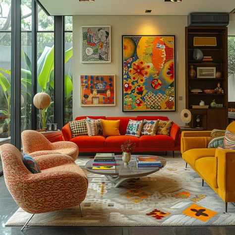 The Art of Mixing Styles in a Mid Century Modern Eclectic Living Room • 333+ Images • [ArtFacade] 3 Sofa Living Room Layout, Midcentury Modern Eclectic Living Room, Eccentric Modern Decor, Energetic Living Room, Living Room Mix And Match Furniture, Bold Color Couch Living Room, Eclectic Art Deco Living Room, Contemporary Colorful Living Room, Modern Colorful Home Decor