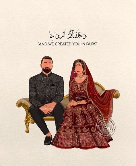 Nikkah Couple Illustration, Nikah Illustration, Muslim Wedding Caricature, Nikkah Invitation Cards, Bride Cartoon, Wedding Illustration Card, Wedding Cards Images, Couple Illustration Wedding, Bride And Groom Cartoon