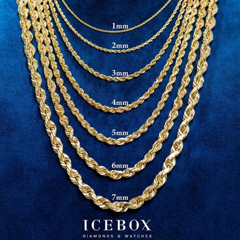 🔢 What MM size is your favorite? 🔢  Shop Now - www.icebox.com Rope Chain Gold, Mens Gold Chain Necklace, Chain Necklace Men, Mens Silver Chain Necklace, Gold Neck Chain, Jewelry Knowledge, Gold Leaf Necklace, Mens Gold Jewelry, Gold Chain Design