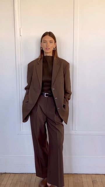 The Frankie Shop on Instagram: "Our Marquesa blazer is back this Fall in new colors including this rich chocolate brown. Just dropped online with our new matching suit trousers #thefrankieshop #frankieforall #frankiegirl" Suiting Pants Outfit, Womens Suit Pants Outfit, Pant Suit Shoes, Trouser Outfit Women Classy, Brown Outfit Autumn, Suit And Trousers Women, Woman Pant Suit Wedding, Womens Brown Trousers Outfit, Brown Suit Trousers Women