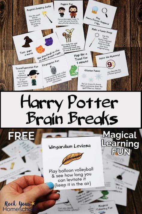 These 24 free Harry Potter-Inspired brain breaks are fantastic for magical fun. These creative prompts are wonderful ways to inspire & motivate your kids. Harry Potter Week, Harry Potter Summer Camp Ideas, Harry Potter Preschool, Harry Potter Club Ideas, Harry Potter Camp Ideas, Harry Potter Library Ideas, Harry Potter Lesson Ideas, Harry Potter Summer Camp, Harry Potter Arts And Crafts