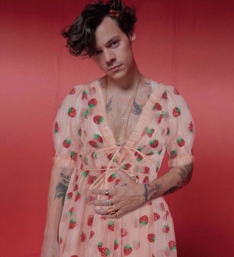 Lirika Matoshi on Instagram: “Thank you @silkivy for this! 🍓 @harrystyles 🍓” Harry Styles In A Dress, Harry Styles Strawberry, Harry Styles Iconic Outfits, Harry Styles Dress, Harry Styles Outfits, Strawberry Outfit, Harry Styles Icons, Lirika Matoshi, Famous Duos