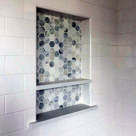 Small Hexagon Shower Niche Ideas With White Subway Tiles Bathtub Inset Shelf, Niche Shelf Design, Tile Shower Inset Shelf, Shower Nook Tile, Shower Nook Ideas, Shower Inset Shelf, Bathtub Niche Ideas, Tile Shower Niche Ideas, Bathtub Niche