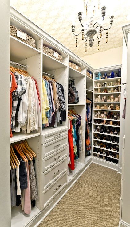 Organized Living - closets-wall to wall sisal Closet Chandelier, Garderobe Design, Closet Shelving, Best Closet Organization, Walking Closet, Walk In Closet Design, Walkin Closet, Shelving Design, Closet Layout