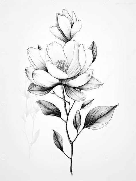Leafs And Vines Drawing, Magnolia Clip Art Flower, Bodypainting, Magnolia Tattoo Drawing, Louisiana Magnolia Tattoo, Magnolia Blossom Drawing, Magnolia Bloom Tattoo, Magnolia Botanical Illustration, Delicate Magnolia Tattoo