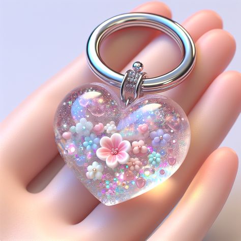 This adorable, heart-shaped resin art keychain sports a pastel palette & sparkling glitter. Tiny embedded flowers peek through its crystal clear finish. The silver ring gives a polished touch. Perfect for adding a dash of magical charm to your everyday life. #ResinArt #Keychain #TeenageFashion #PastelAccessories #GlitterArt #FloralDesign Fimo, Cute Resin Art, Cute Resin Charms, Cute Resin Ideas, Things To Put In Resin, Resinart Keychain, Resin Art Keychain, Resin Heart Keychain, Colorful Keychain