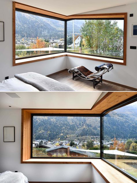 In this modern bedroom, large picture windows have been used to create a corner window, while the window ledge acts as a bench for relaxing. Corner Window Design Ideas, House With Wall Of Windows, Corner Glass Wall Exterior, Picture Windows Bedroom, Corner Picture Window, Corner Window Architecture, Picture Window Bedroom, Corner Windows Living Room, Corner Window Bedroom