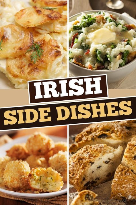 These classic Irish side dishes are the perfect complement to your meal. From colcannon to soda bread to cabbage and bacon, give your sides an Irish makeover. Irish Food Potluck, Irish Sides Recipes, Irish Potato Salad Recipe, Sides For St Patricks Day, St Pattys Side Dish, Irish Side Dishes Vegetables, Irish Veggie Sides, Easy Irish Recipes Simple, Saint Patrick’s Day Side Dishes