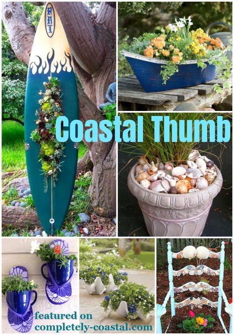 Planter Ideas for those with a Coastal Thumb! Awesome Porch and Garden Planters featured on Completely Coastal. From a vertical surfboard planter, to boat planters to seashell mulch, and much more. Coastal and Beach Garden Inspiration Images and Shopping Sources. Nautical Garden Ideas, Outdoor Coastal Decor, Coastal Landscaping Ideas, Beach Theme Garden, Coastal Backyard, Nautical Outdoor Decor, Garden Plants Design, Coastal Landscaping, Seaside Garden