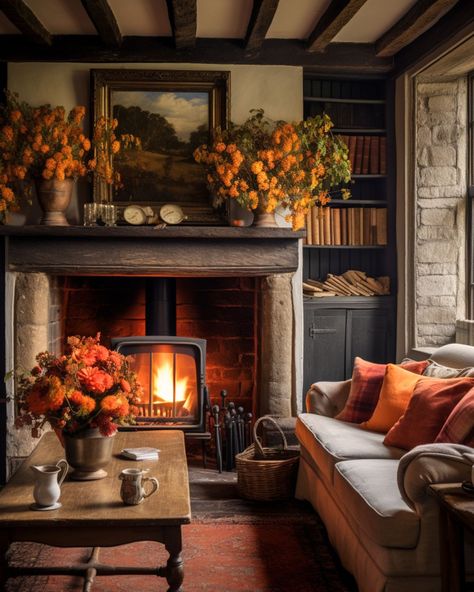 A Rustic Living room with Wood Burner Cosy English Cottage Interior, English House Living Room, English Snug Room, Dark English Country Decor, Cottage Cabin Living Room, Living Room Cottage Decor, Living Room Hearth, Cosy English Cottage, Breakfast Nook With Fireplace