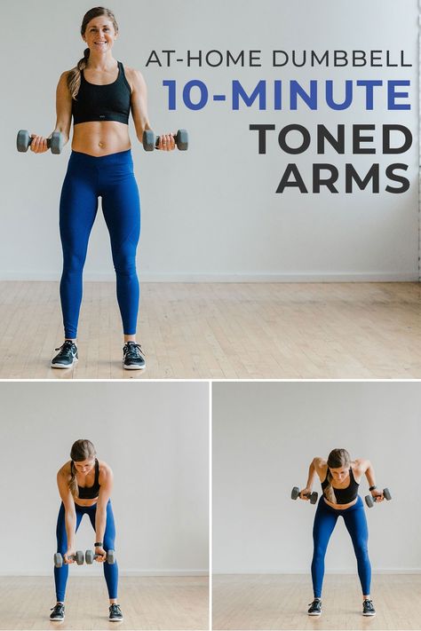 Get strong, toned arms with this 10-Minute UPPER BODY WORKOUT FOR WOMEN! These 5 upper body exercises target the chest, biceps, triceps and shoulders. All you need is a set of dumbbells to complete this home workout for toned arms. Complete Arm Workout Women, Toning Exercises For Women At Home, Women Exercise With Weights, Printable Arm Workout Women, Standing Arm Workout With Weights, Upper Body Workout For Women At Home Beginner Toned Arms, Upper Body Weights Women, Toned Arm Weight Workout, Quick Arm Workout Women