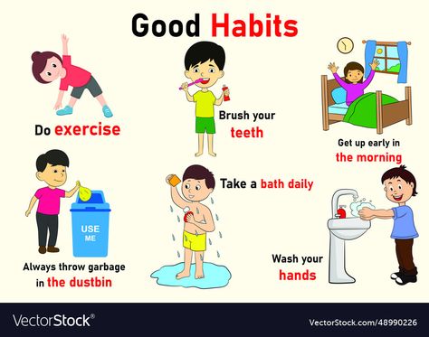 Good Habits Illustration, Good Habits Chart For Kids Project, Good Habits Chart For Kids, Morning Activities For Kids, Good Habits Chart, Good Habits For Kids, Healthy Habits For Kids, Morning Routine Kids, Educational Chart