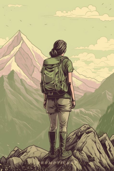 Hiker at the top Graphic Mountain Art, Hikers Illustration, Hike Drawing, Wander Drawing, Wanderer Illustration, Hiking Sketch, Hiker Illustration, Adventure Sketch, Wander Art