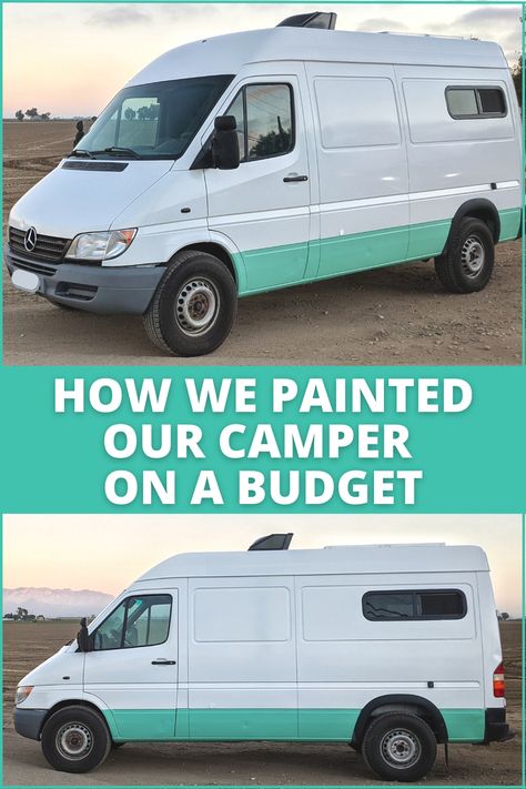 Our trip across the US took a toll on our Sprinter's paint, so we decided to DIY a custom two-tone paint job using an electric spray gun. We refreshed the van at only a fraction of the cost compared to taking it to a professional shop and we couldn't be happier with the result. Despite the material shortages lately, we were able to paint the whole van for less than $400 USD in just a couple of weekends. Campervan Wrap Ideas, Campervan Paint Job, Two Tone Campervan, Van Exterior Paint Ideas, Van Painting Ideas, Van Paint Jobs, Diy Painted Vans, Camper Exterior, 15 Passenger Van