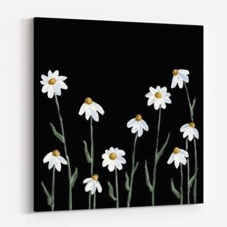 Daisy by The Cranberry Finch wall art available on poster, stretched canvas, framed print, and metal print. White and yellow daisy flowers with a black background. #painting Black Canvas White Paint, Canvas Art Black Background Acrylic Paintings, Painted Flowers On Black Background, Canvas Black Background Ideas, Painting In Black Canvas, Black Background Painting Easy, Simple Daisy Painting, Paintings With Black Background Easy, Black Background Paintings