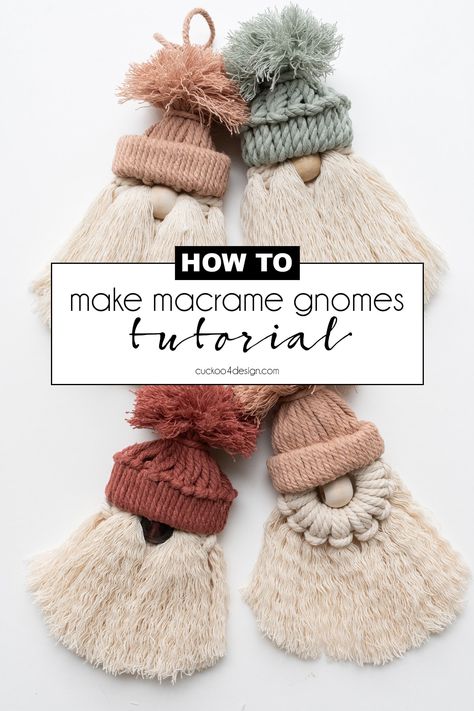 Natal, Gnome Ornaments Macrame, Diy Macrame Gnomes Tutorials, Christmas Craft Tutorials, Diy Macrame Gnome Ornament, Macrame Gnome Ornament Tutorial, Macrame Santa Gnome Tutorial, Macrame Gnomes Diy How To Make, Diy Tassel Ornaments