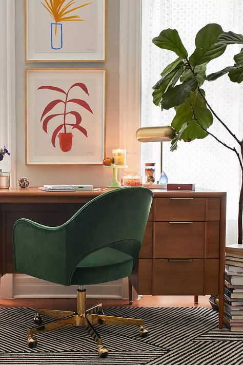 Quincy Executive Desk | Anthropologie Anthropologie Office, Tuft Rugs, Illusion Rug, Midcentury Modern Home, Bed Vintage, Brushed Brass Hardware, Area Rug Pad, Hanging Furniture, Rugs Living Room