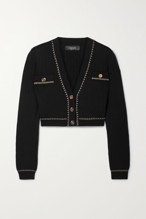 Versace Casual Outfits, Versace Outfit Casual, Versace Cardigan, Luxury Cardigan, Versace Clothes, Chanel Jeans, Versace Tops, Versace Sweater, Black Cropped Cardigan