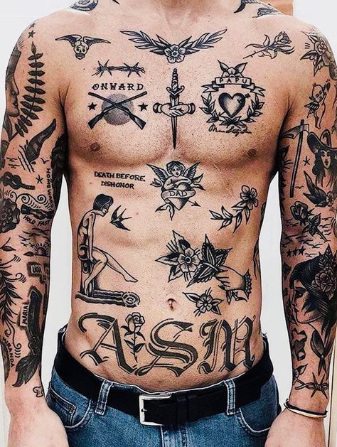 (Visita il nostro sito templedusavoir.org) Tattoo Old School, 0311 Tattoo, Time Tattoos For Men, Body Tattoos Men, Tattoos Torso, Many Tattoos, Oldschool Tattoo, Small Chest Tattoos, Torso Tattoos