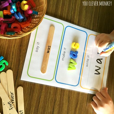 Say It, Make It, Write It Free Printable Mats - How to Use Them Six Different Ways. Find out how to use this one free printable resource in your classroom 6 ways! Perfect for literacy centers, literacy work stations, sight word practice or even your maths centers | you clever monkey Phonics Activities, Sight Word Games, Literacy Work Stations, Kindergarten Centers, Sight Word Practice, Word Practice, Word Activities, Kindergarten Literacy, Writing Center