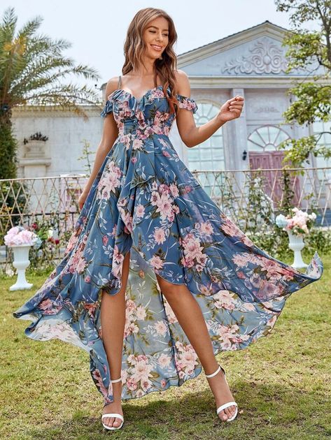 Floral High Low Dress, Floral Chiffon Dress, Womens Floral Dress, Elegant Floral, Floral Chiffon, High Low Hem, Spaghetti Strap Dresses, Floral Maxi Dress, Chiffon Dress