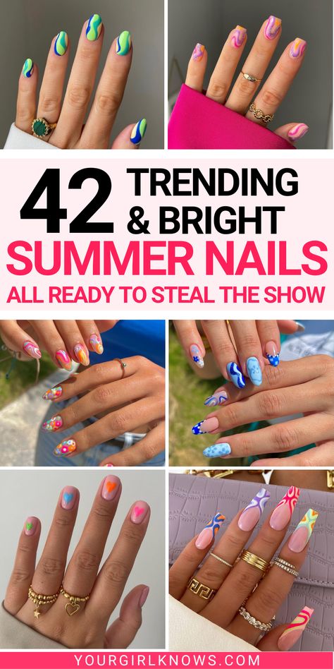 Bright summer nails: If you're looking for the perfect way to add some shine and sparkle to your summer day, look no further than bright summer nails! Forget boring old manicures with neutral colors - why not take this opportunity to get wild and experiment with bold, eye-catching hues that are sure to turn heads? Nitro Nail Colors, Summer Nails Clear Designs, Long Nail Color Ideas, Short Ombre Nails With Design, Two Color Summer Nails, Multi Coloured Nails Summer, Beginner Friendly Nail Art, White And Colorful Nails, White Nails With Color Designs